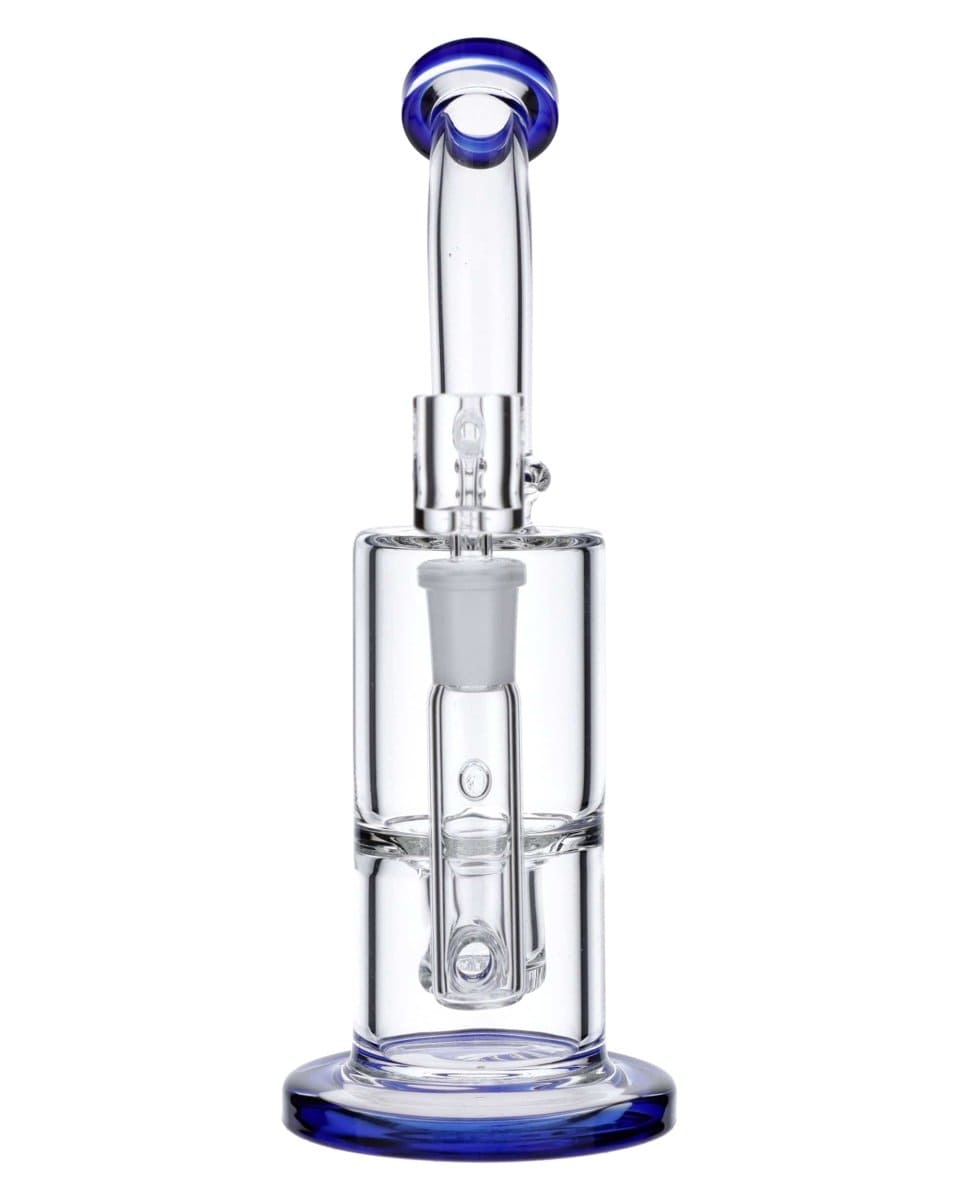 Front view of the Blue Inset Honeycomb Perc Mini Rig, showing the clear glass rig with a blue inset and honeycomb perc visible inside.