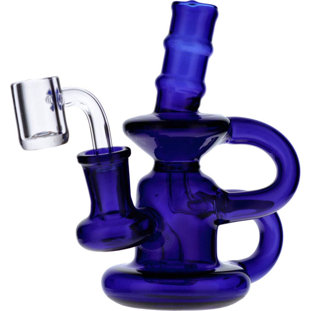 Front view of the Mini Recycler, a blue glass piece with a complex, rounded form and visible joint.