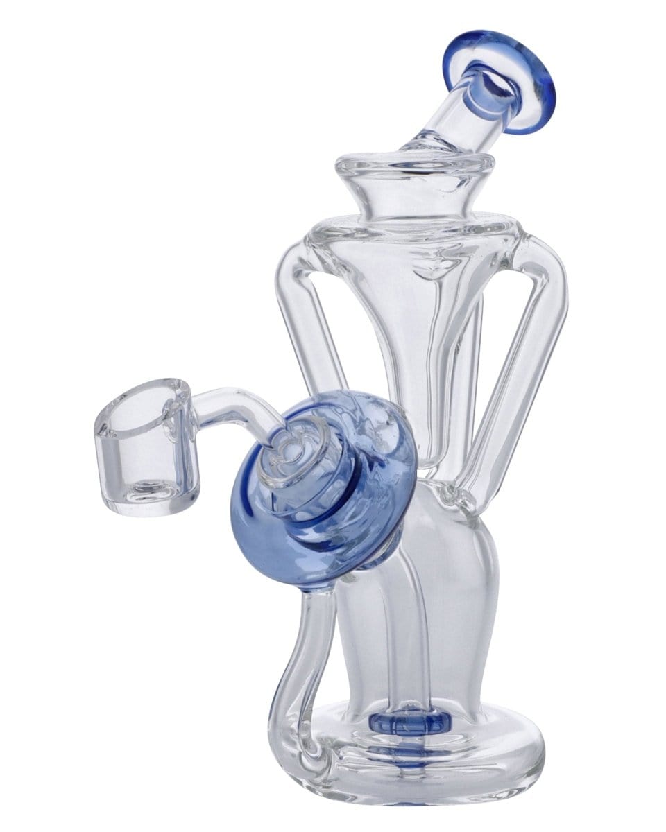 Front view of the Power Button Recycler Rig, a clear glass water pipe with a unique blue accent and intricate internal recycling chambers.