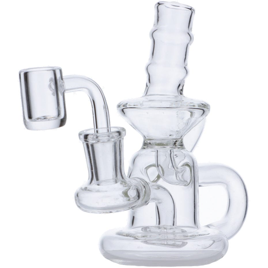 Front view of the Mini Recycler, a clear glass water pipe with a complex, multi-chamber design.