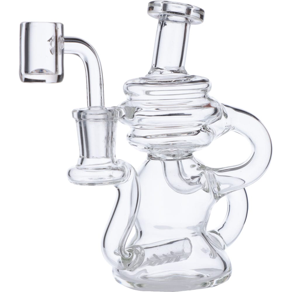 A front view of the Mini Recycler Dab Rig, showing the clear glass rig with a unique, multi-chamber design.