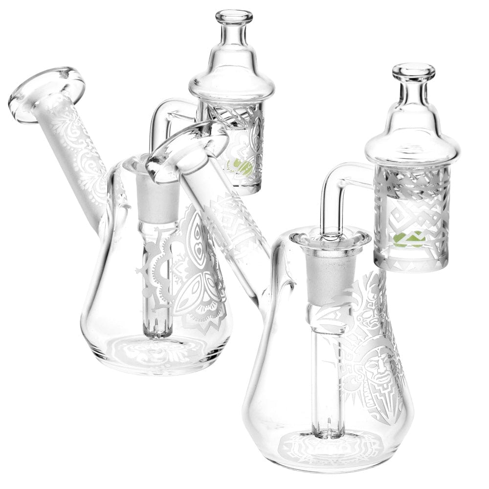 A three-quarter view of the 5.5" Compact Travel Etched Dab Rig Set, showing its etched glass and compact form.