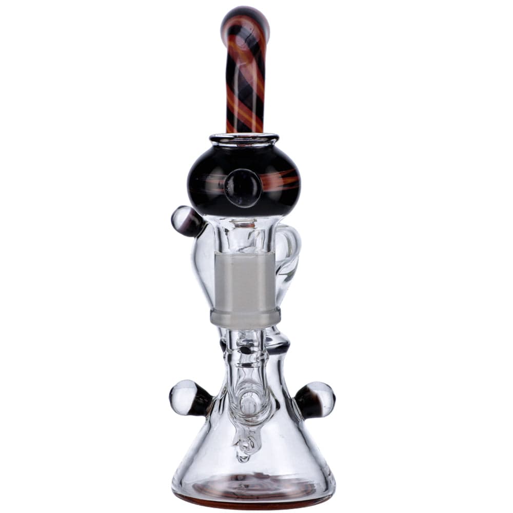 Front view of the Cyclone Recycler, featuring a clear glass construction with a multi-tiered chamber and a red-accented mouthpiece.