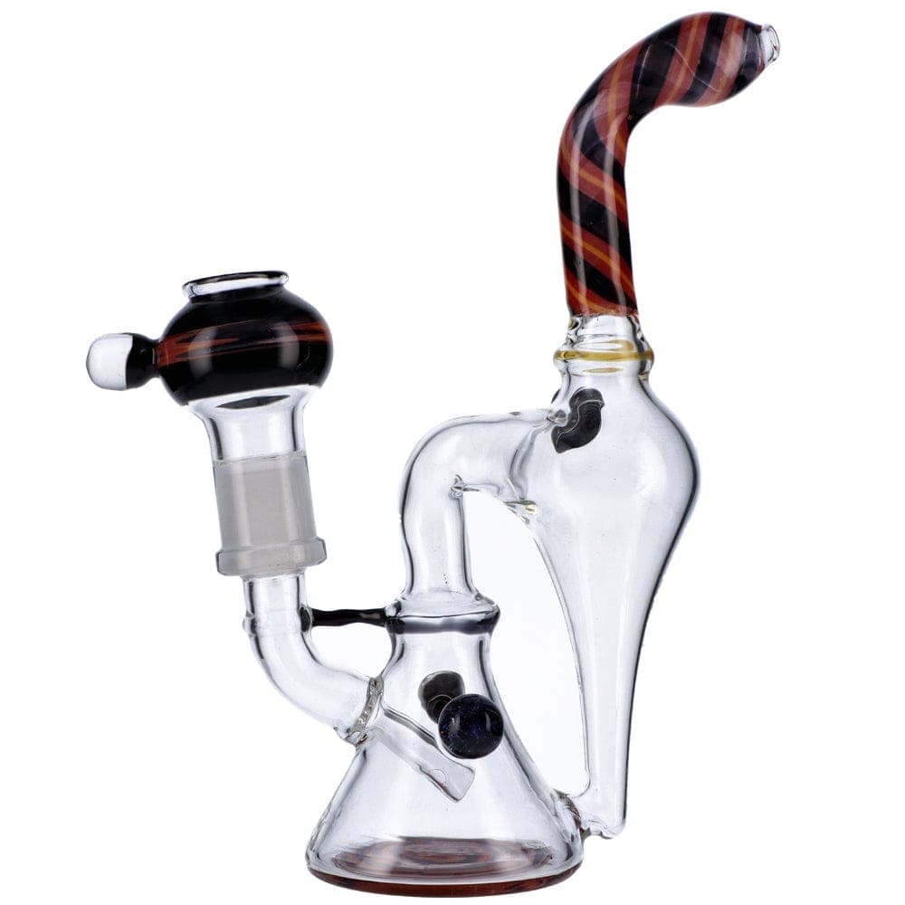 Front view of the Cyclone Recycler, showing the clear glass recycler bong with a dark mouthpiece and visible water line.