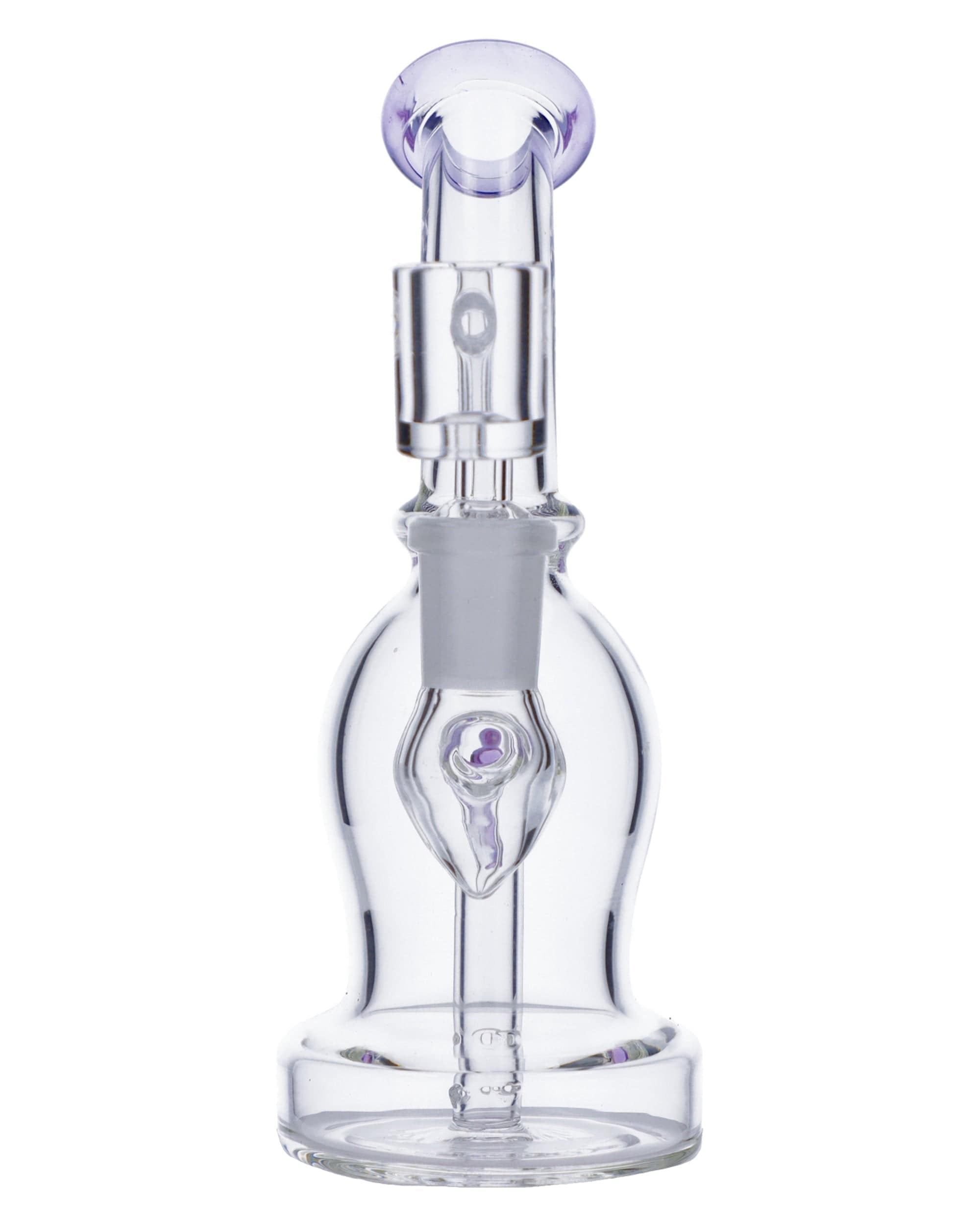 Front view of the Dab Rig w/Quartz Banger-Assort, showcasing a clear glass rig with a quartz banger, angled against a white background.