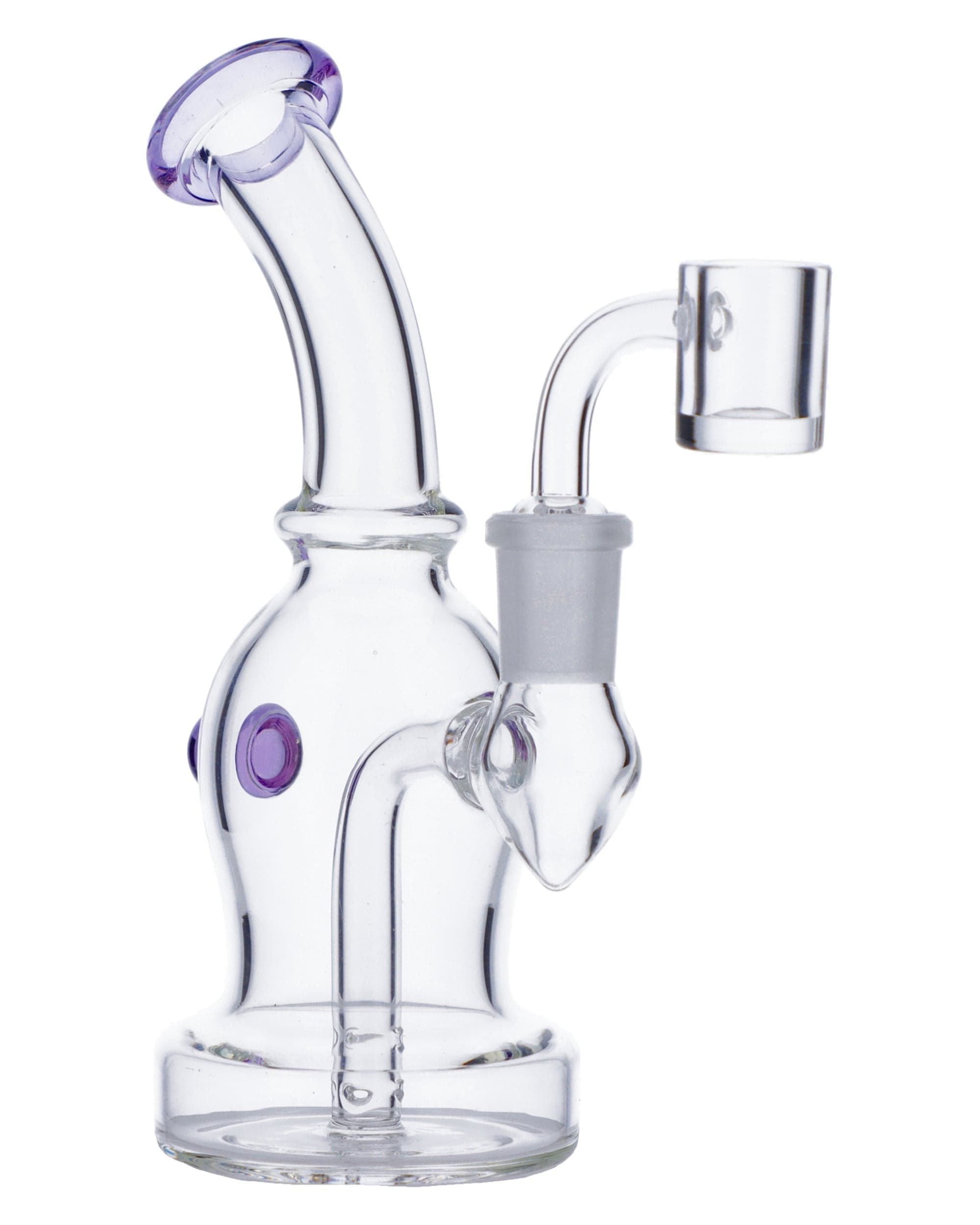 Front view of the Dab Rig w/Quartz Banger-Assort, showcasing its clear glass construction and accompanying quartz banger.