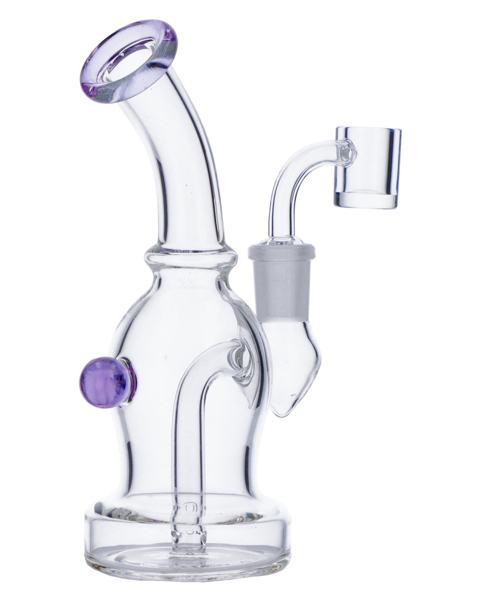 A side view of the Dab Rig w/Quartz Banger-Assort, featuring a clear glass body with a purple accent and attached quartz banger.