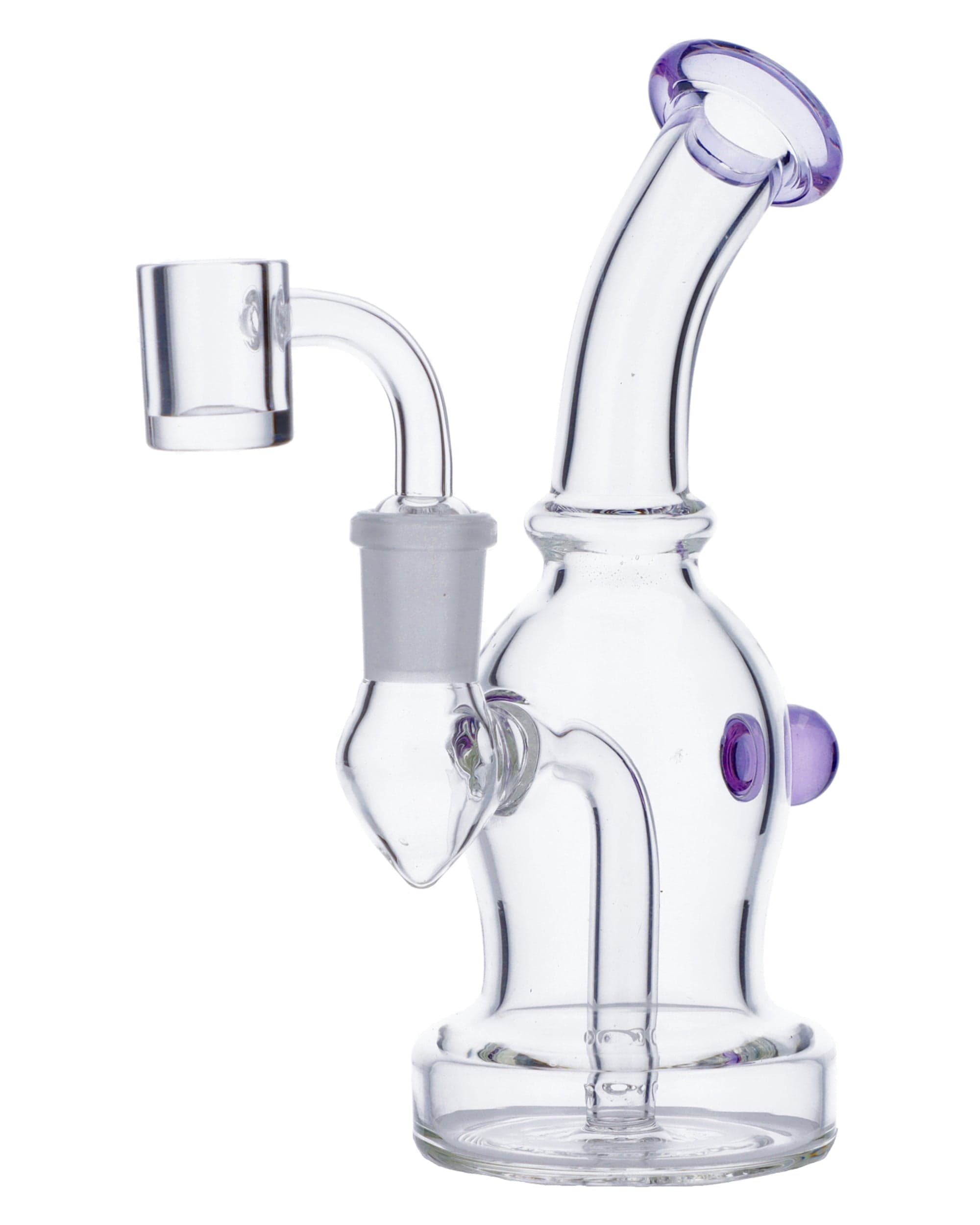 A front view of the Dab Rig w/Quartz Banger-Assort, displaying a clear glass rig with a quartz banger attached, angled slightly upwards.