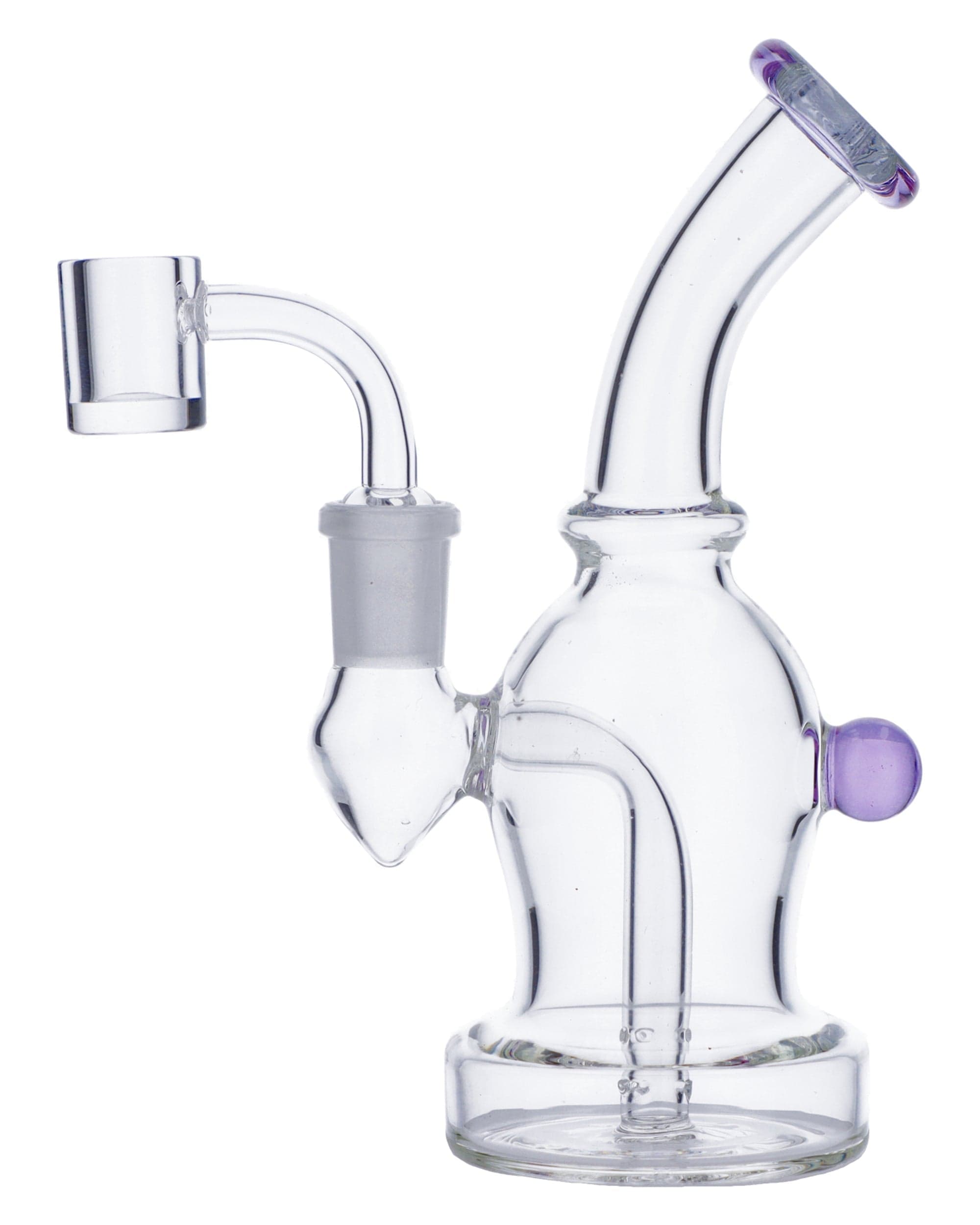 A side view of the Dab Rig w/Quartz Banger-Assort shows a clear glass rig with a quartz banger, angled against a plain white background.