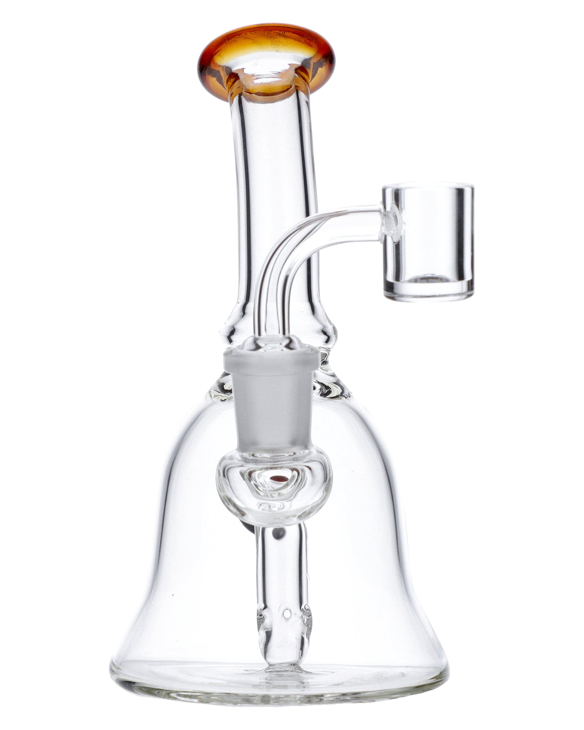 A front view of the Dab Rig w/Quartz Banger-Assort, featuring a clear glass rig with a quartz banger, angled against a plain white background.