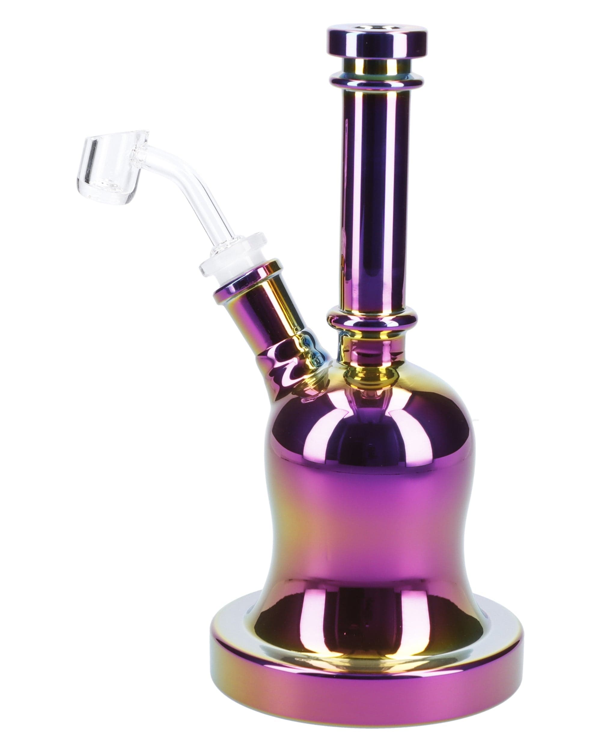 Front view of the 8.8-inch Dab Rig w/Quartz Bell-Shaped, displaying its colorful glass and bell-shaped quartz.
