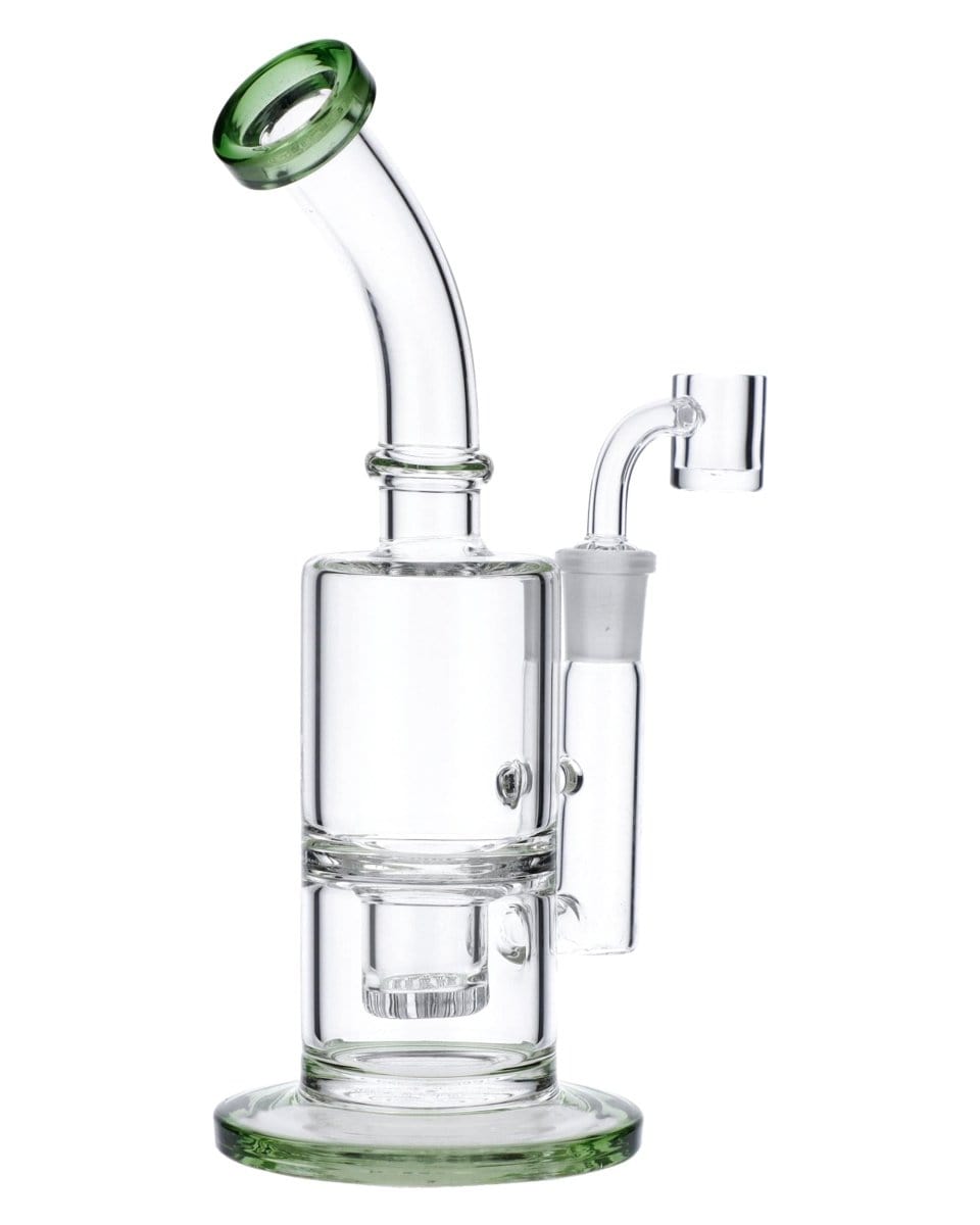 A front view of the Green Inset Honeycomb Perc Mini Rig shows a small, clear glass rig with green accents and a honeycomb perc visible inside.