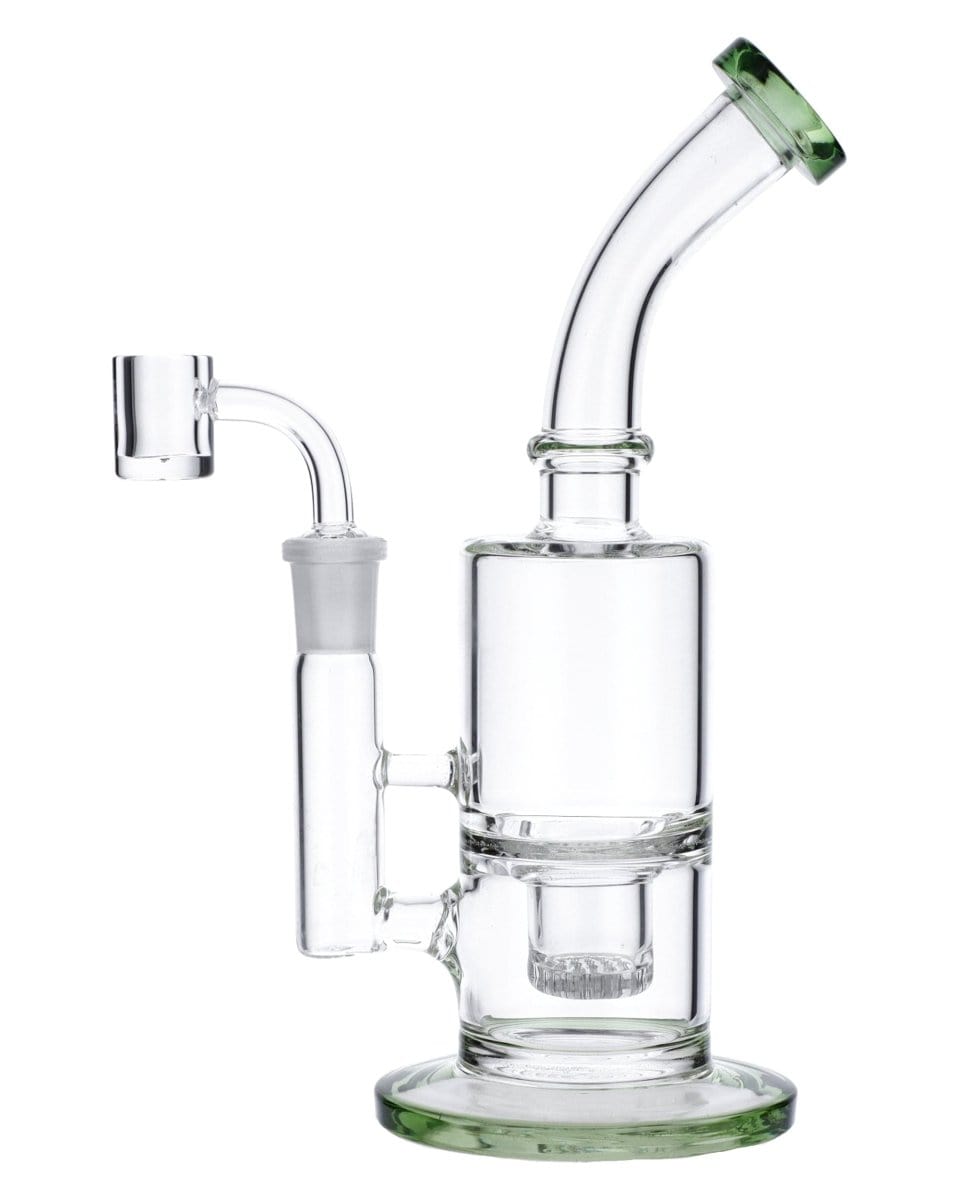 Front view of the Green Inset Honeycomb Perc Mini Rig, displaying a small glass rig with a honeycomb perc and a green inset foot.