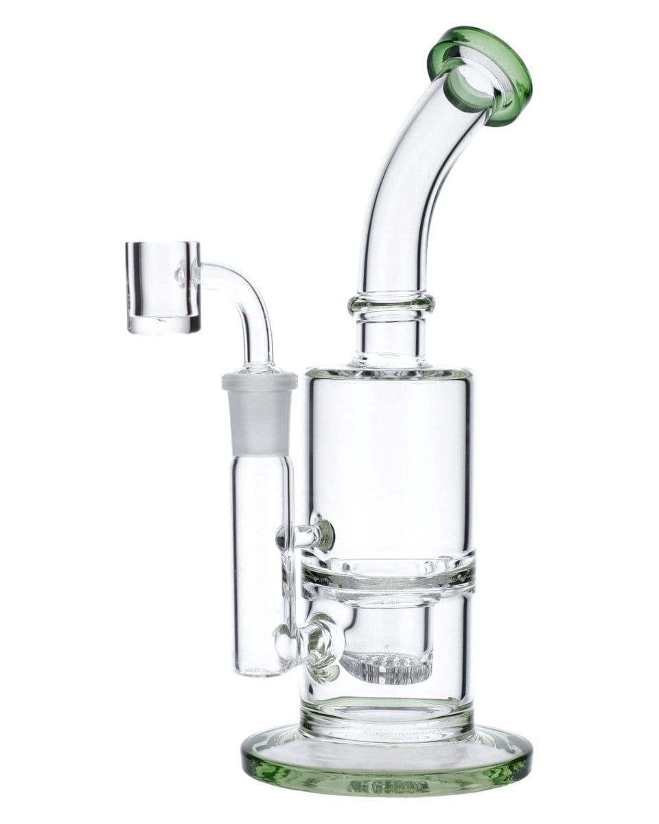 A front view of the Green Inset Honeycomb Perc Mini Rig, showing the clear glass and unique honeycomb perc design.