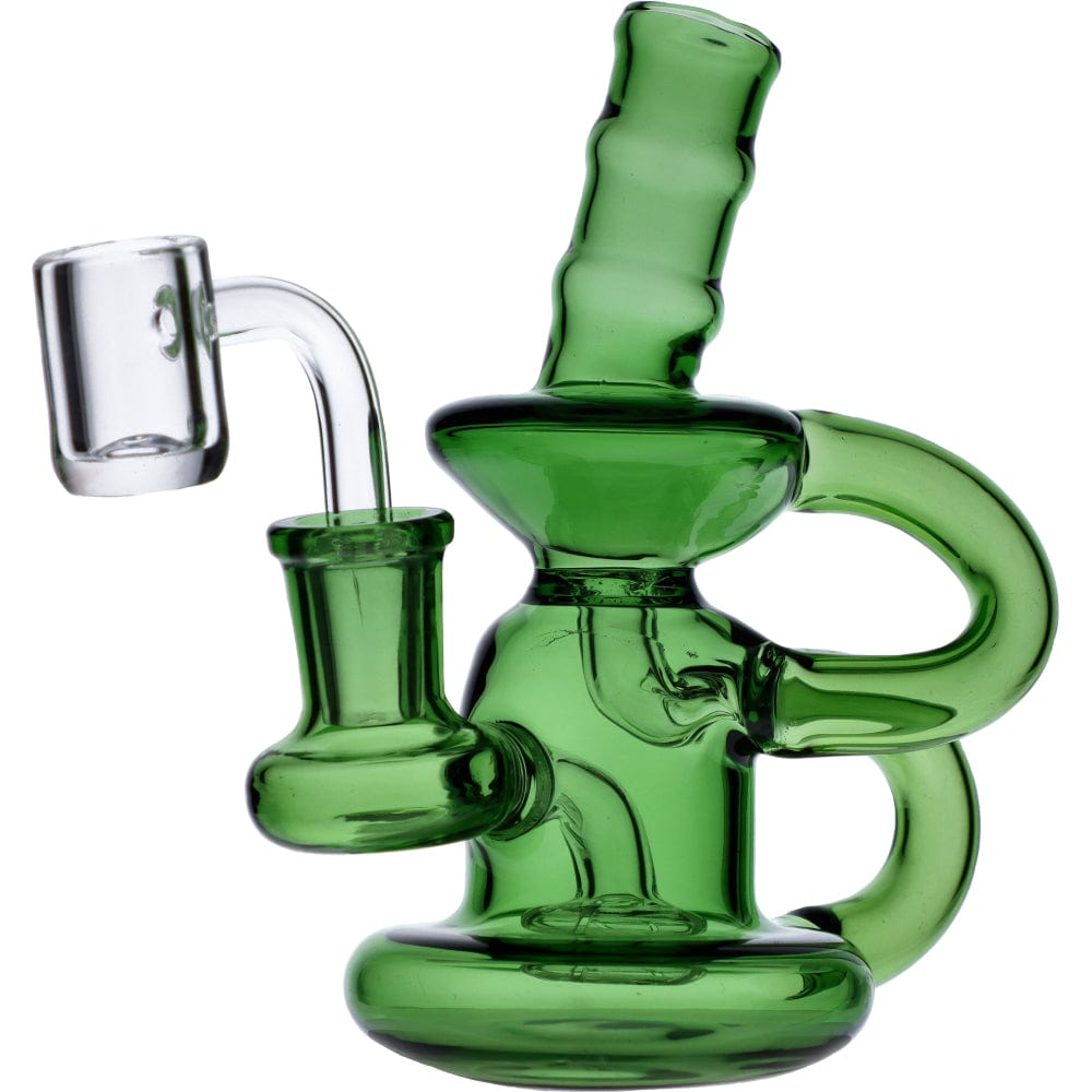 Front view of the Mini Recycler, showcasing the green glass with a unique bubbler design and curved neck.