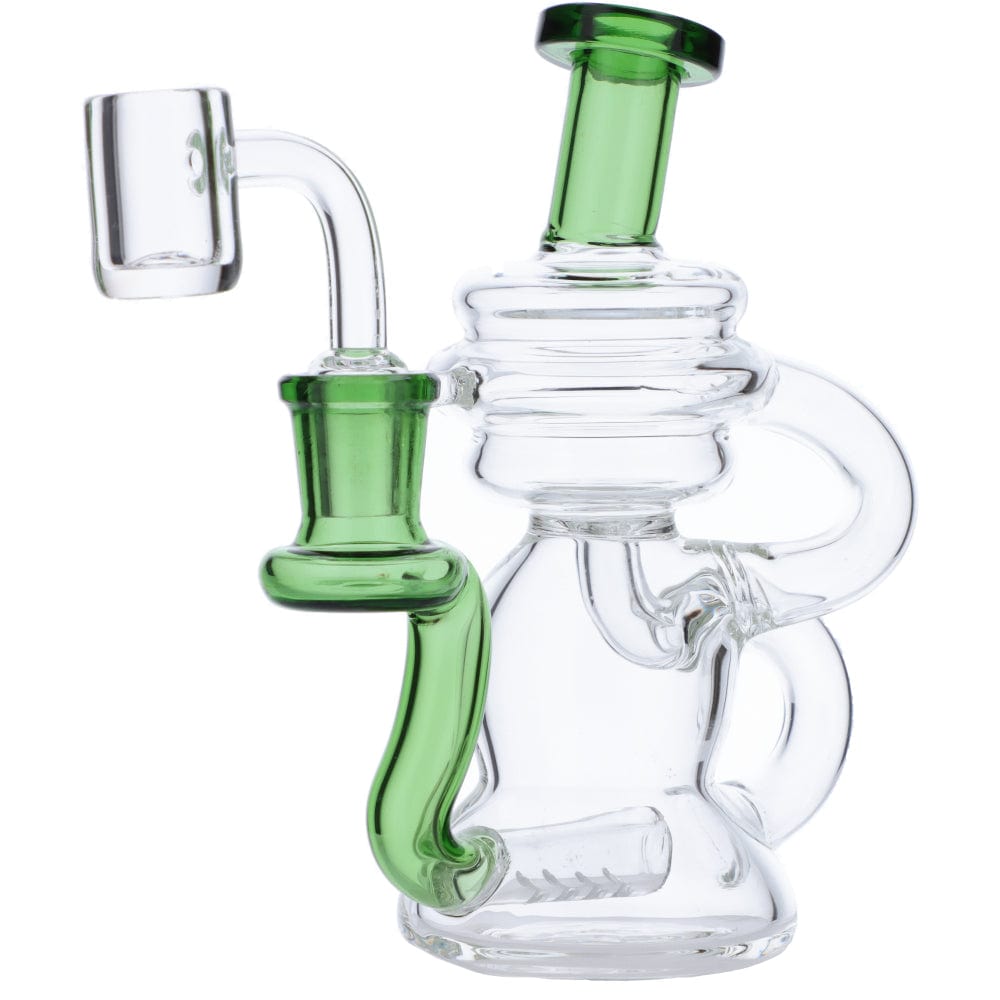 A front view of the Mini Recycler Dab Rig, showcasing its clear glass construction and uniquely shaped body.