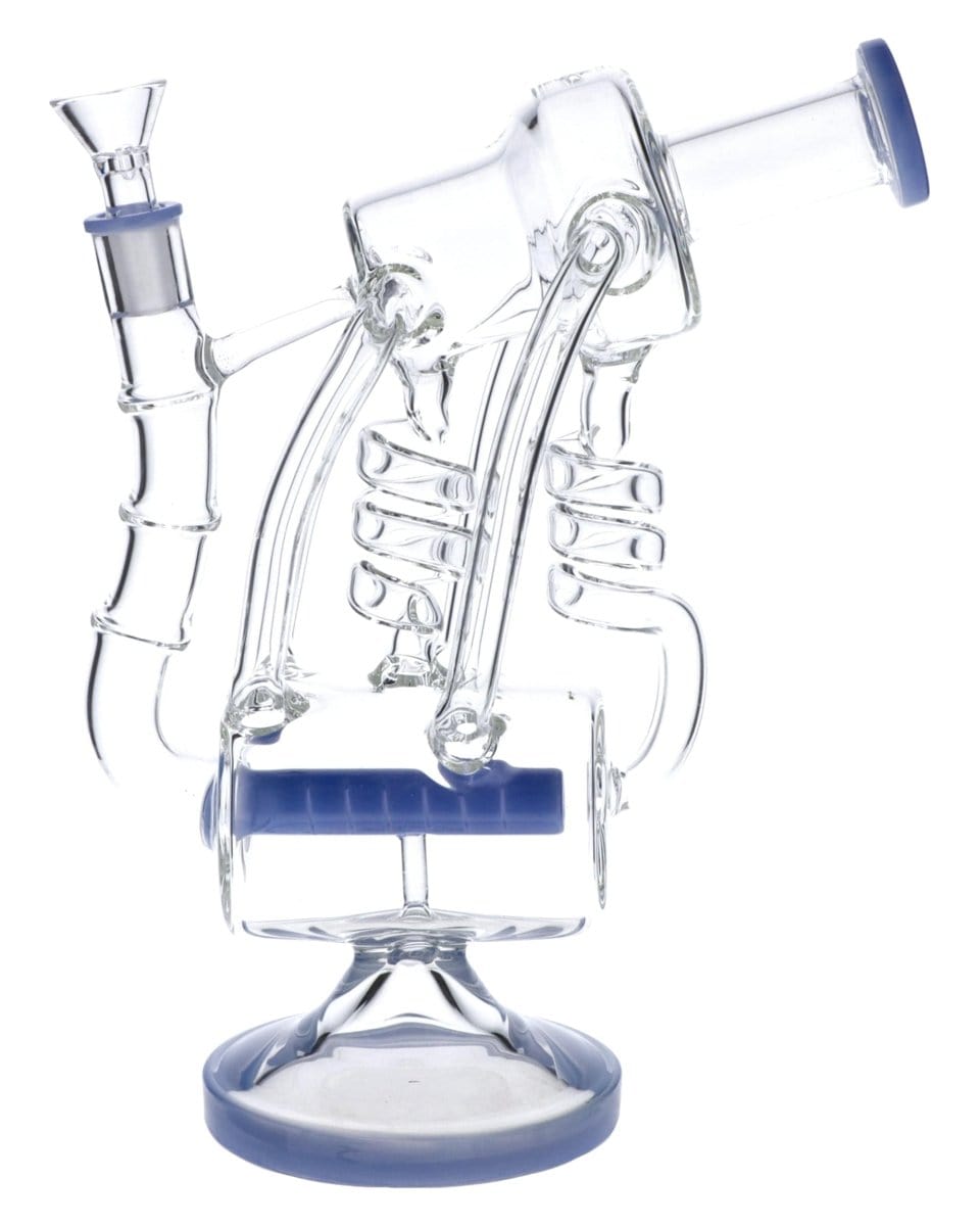 Front view of the Inline Barrel Recycler Rig, a clear glass piece with a blue accent, angled against a plain white background.