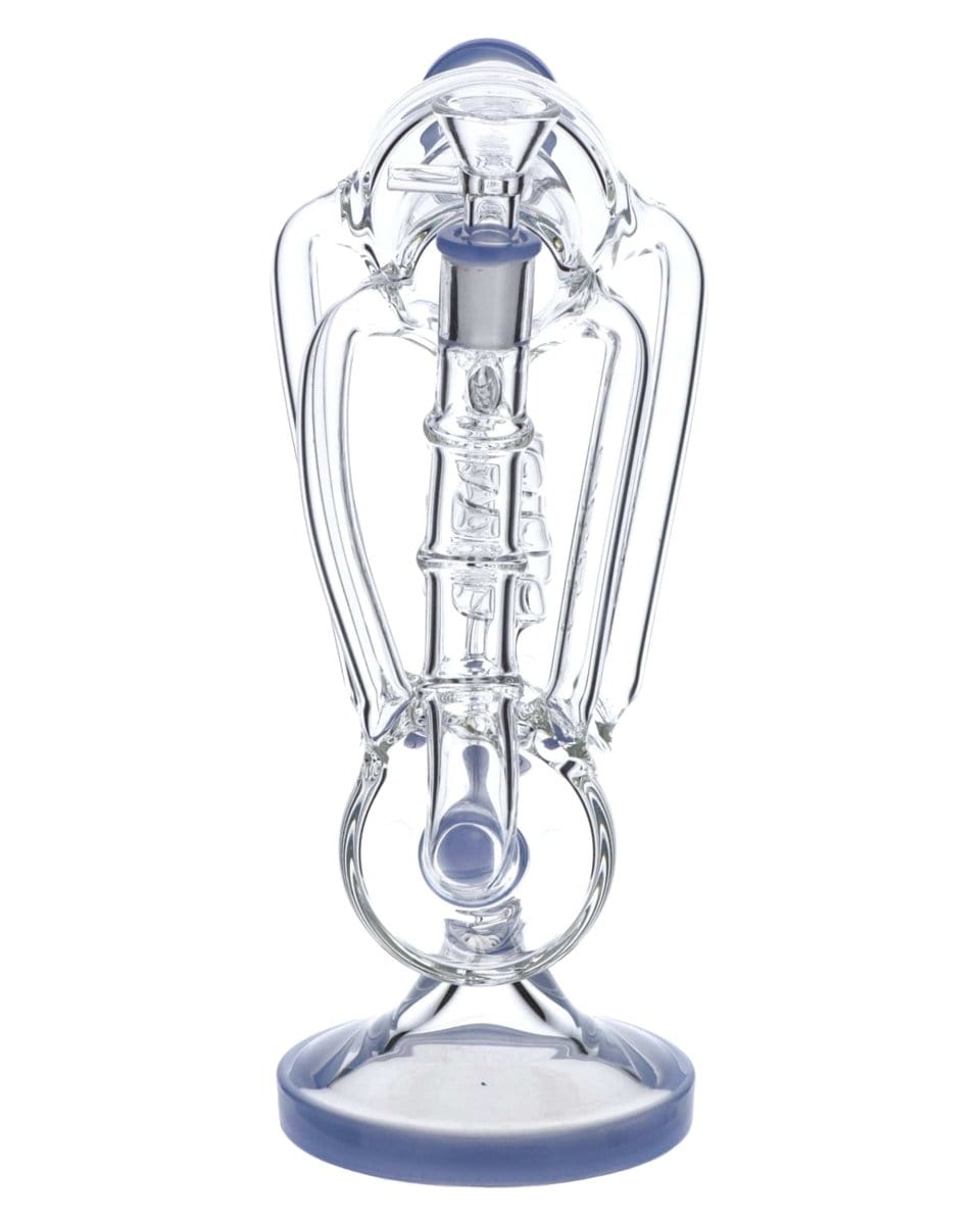 Front view of the Inline Barrel Recycler Rig, a clear glass piece with a rounded base and blue accent, set against a plain white background.
