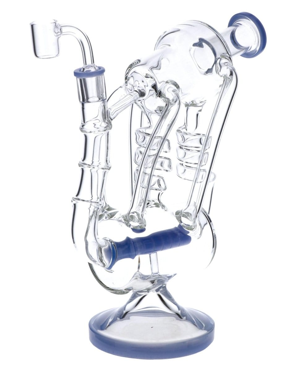Front view of the Inline Barrel Recycler Rig, a clear glass rig with blue accents and a cylindrical barrel shape.
