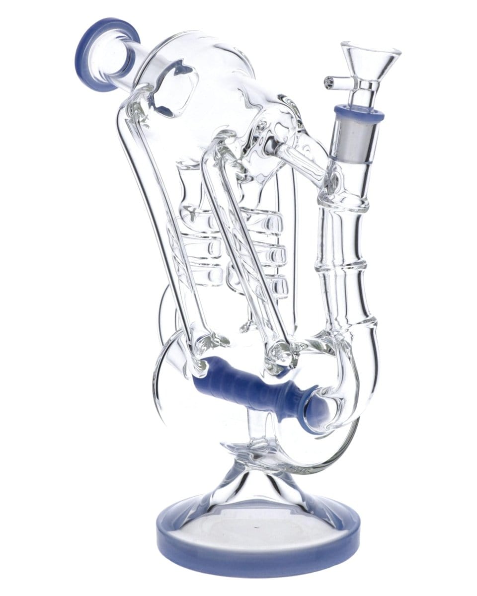 Front view of the Inline Barrel Recycler Rig, a clear glass water pipe with a cylindrical form and blue accents.