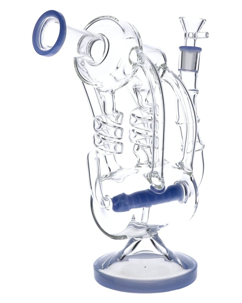 Front view of the Inline Barrel Recycler Rig, a clear glass piece with a blue accent, angled against a plain white background.