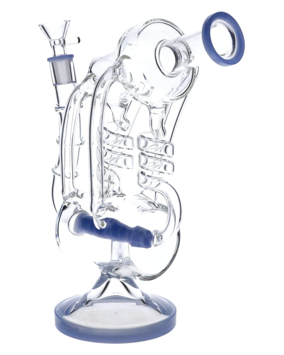 Front view of the Inline Barrel Recycler Rig, a clear glass piece with blue accents and a cylindrical water chamber.