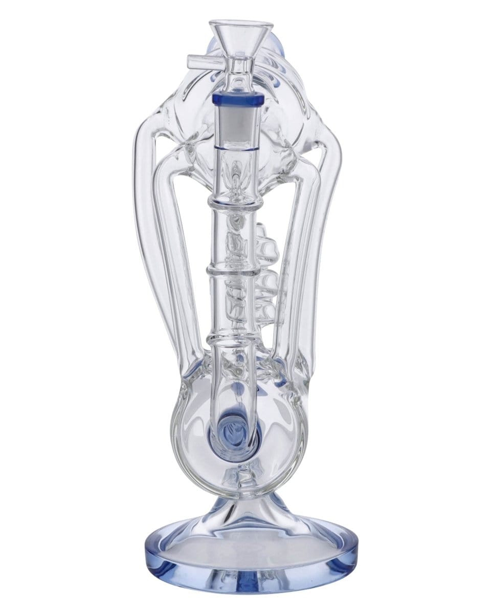 A three-quarter view of the Inline Barrel Recycler Rig, showcasing the clear glass construction and cylindrical shape.