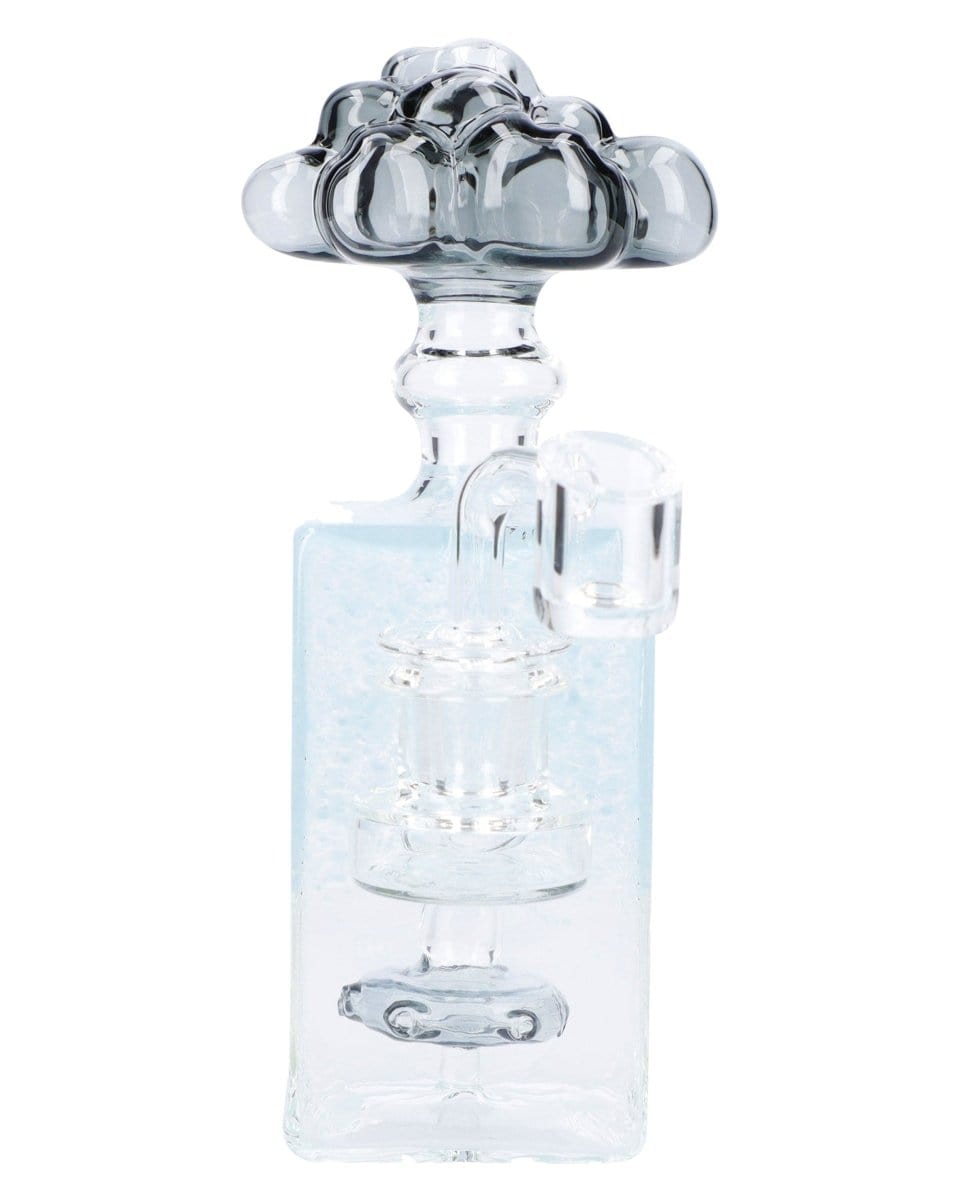 A studio shot of the 7" Box Bubbler Rig, displaying its clear glass construction and compact, boxy shape.