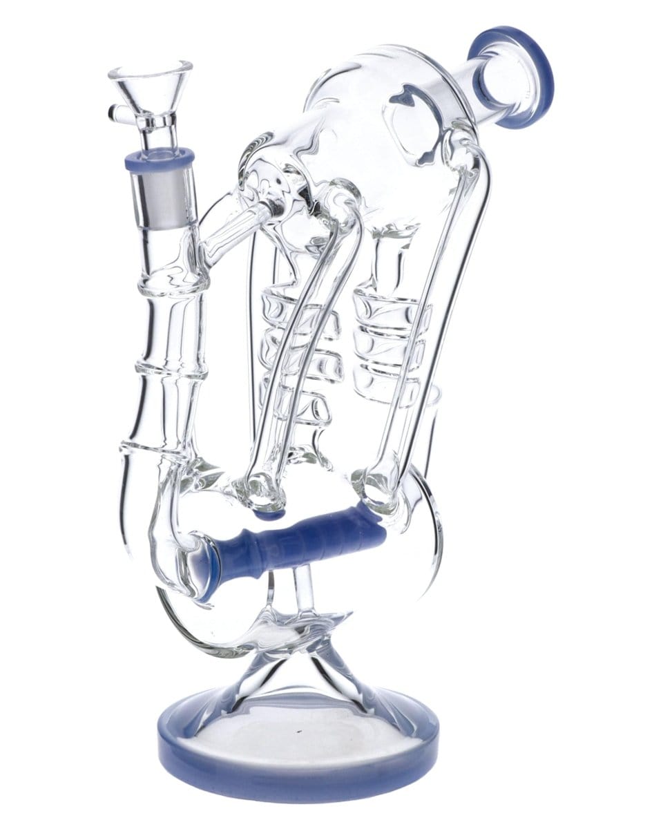 The Inline Barrel Recycler Rig is shown in a side view with blue accents and a complex glass structure against a plain background.