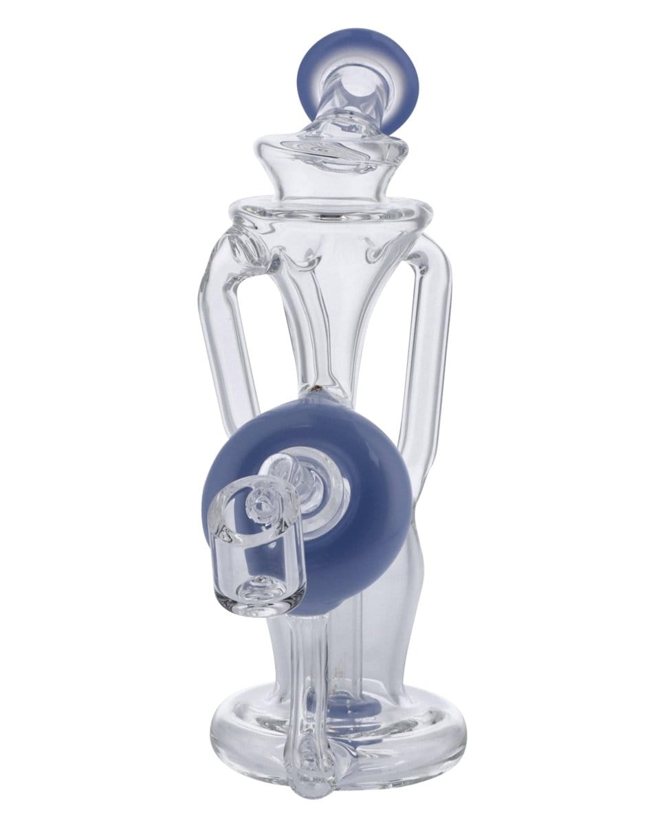 A three-quarter view of the Power Button Recycler Rig, featuring clear glass and a blue accent on the joint.
