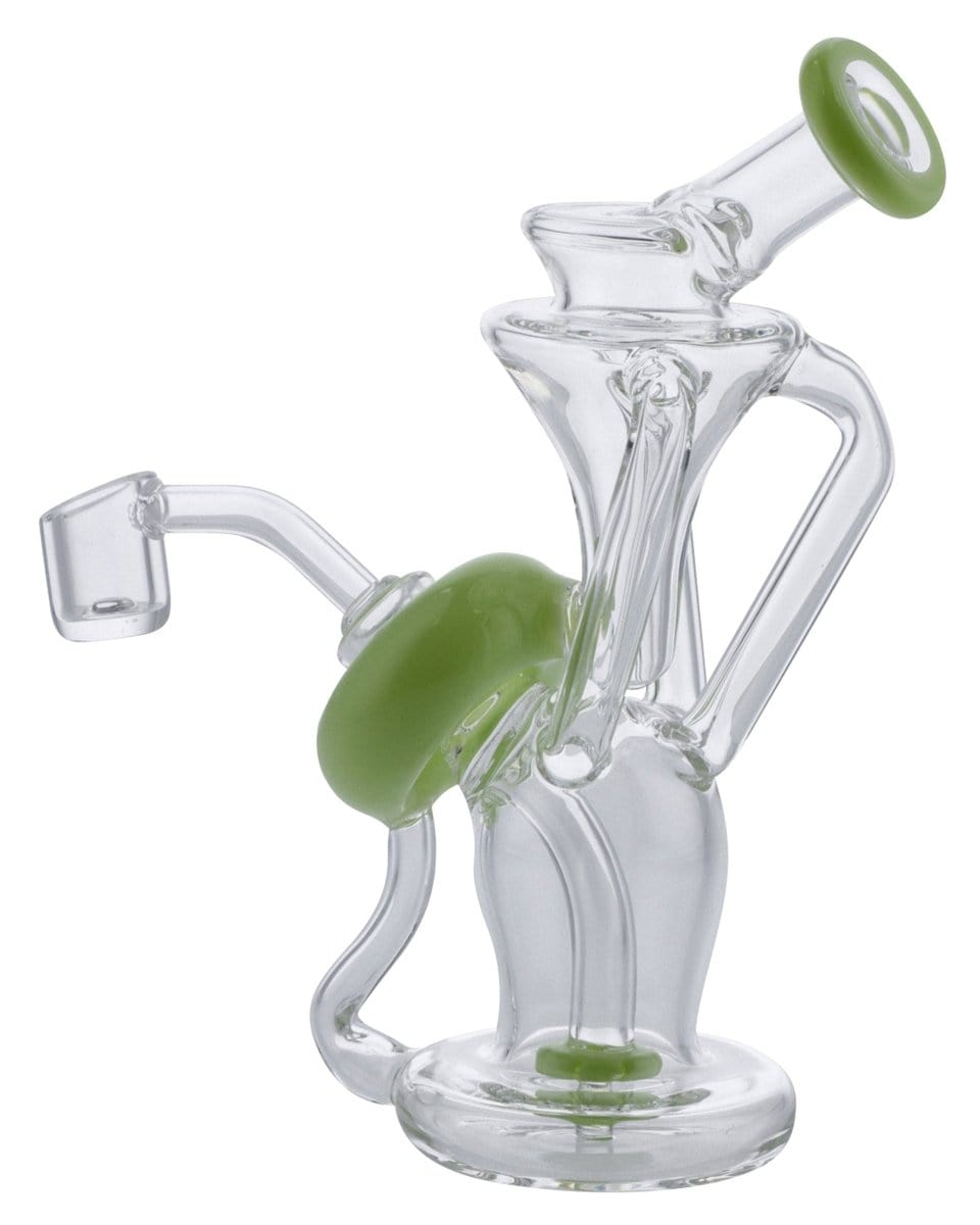 Front view of the Power Button Recycler Rig, a clear glass water pipe with a green accent and complex internal recycling chambers.