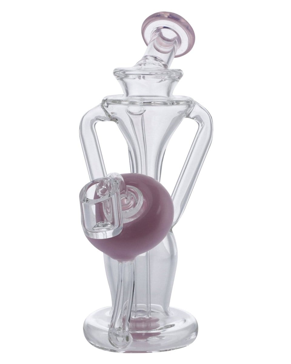 A three-quarter view of the Power Button Recycler Rig, featuring clear glass and a rounded base.