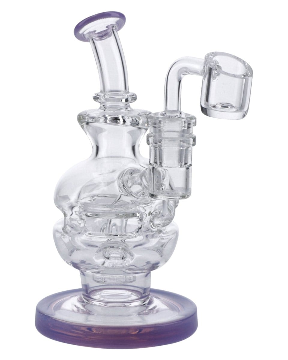 Front view of the 6" Swiss Perc Recycler Rig, featuring a clear glass construction and a blue accent base.