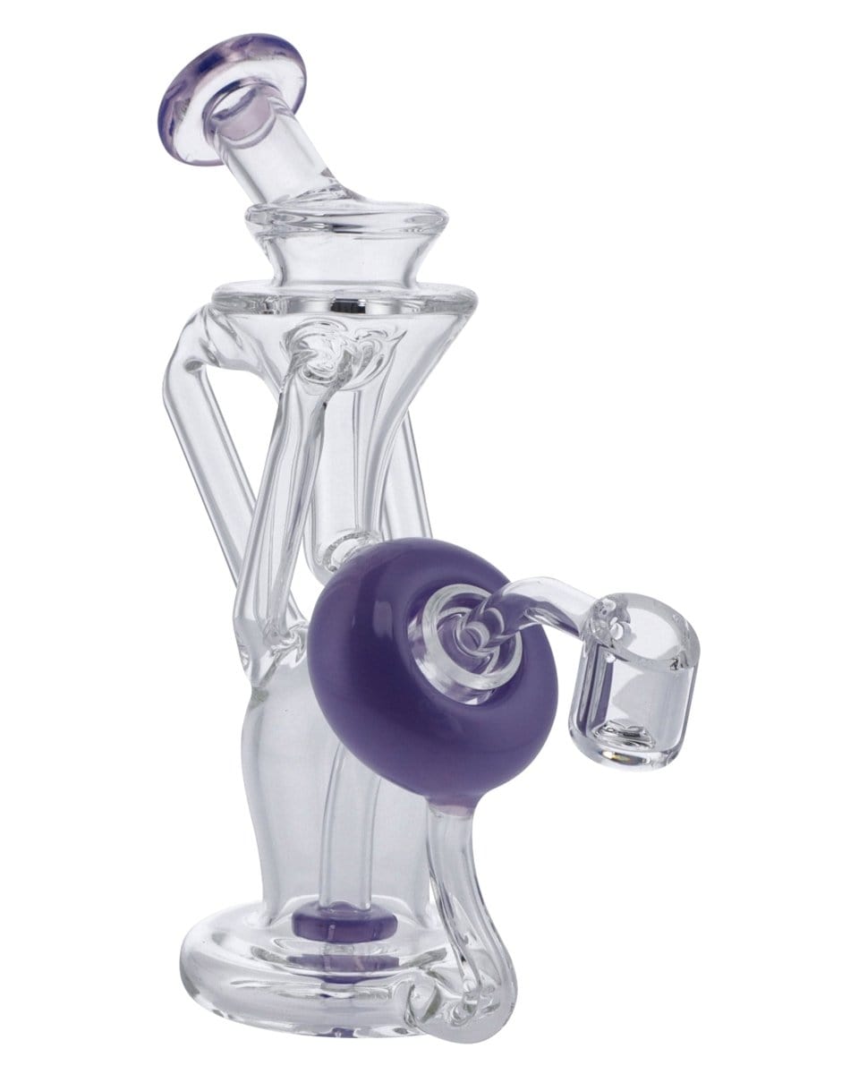 A three-quarter view of the Power Button Recycler Rig, showcasing the clear glass construction and rounded design.
