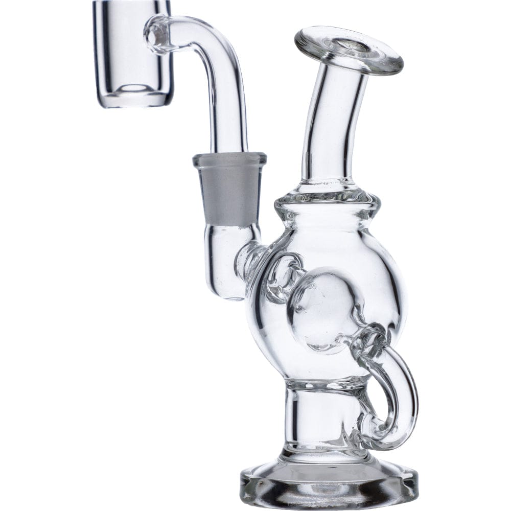 A front view of the Mini Bent Neck Dab Rig, showcasing its clear glass construction and curved neck design.