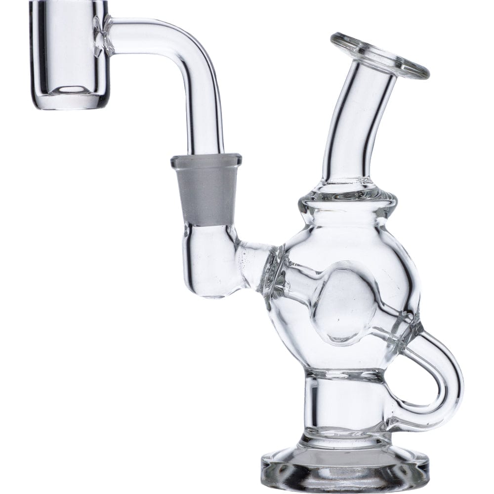 A front view of the Mini Bent Neck Dab Rig, showing the clear glass rig with a curved neck and small bowl.