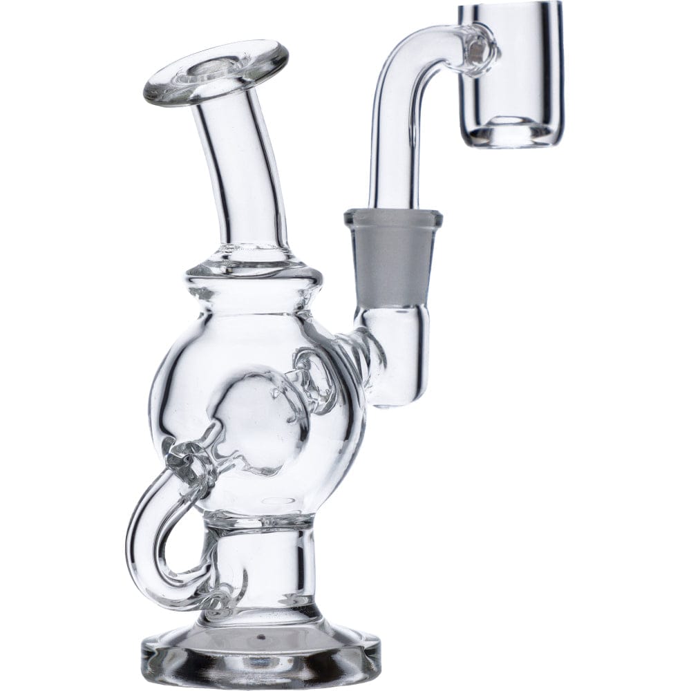 A close-up, angled view of the Mini Bent Neck Dab Rig, showcasing its clear glass construction and curved neck design.