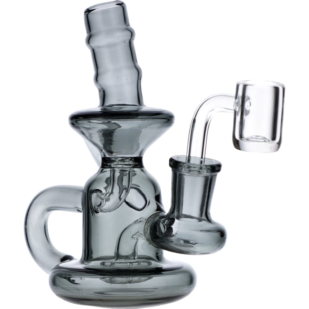 Front view of the Mini Recycler, a small glass piece featuring a rounded base and multiple angled tubes.