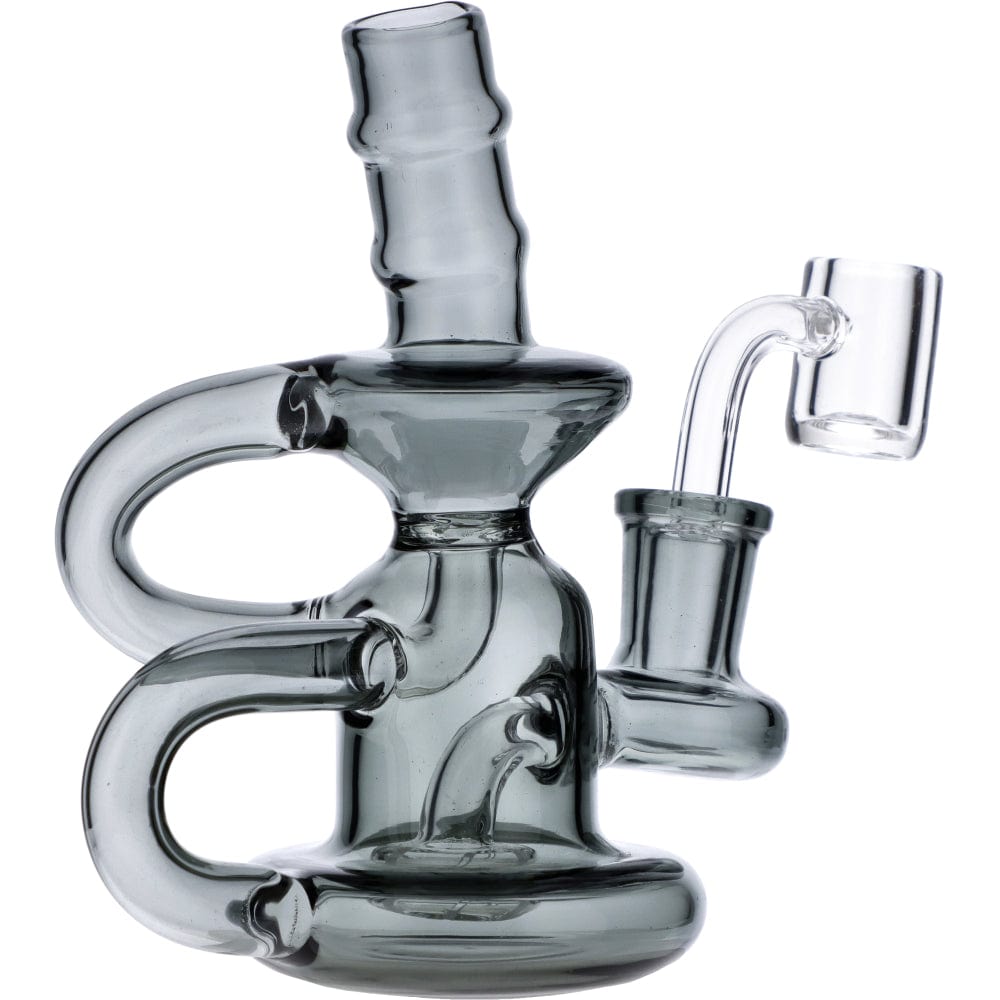Front view of the Mini Recycler, a compact glass piece with a rounded base and intricate branching neck design.
