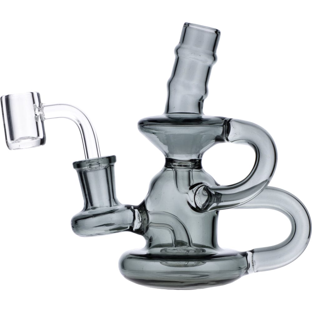 Front view of the Mini Recycler, a clear glass water pipe with a rounded base and curved neck.