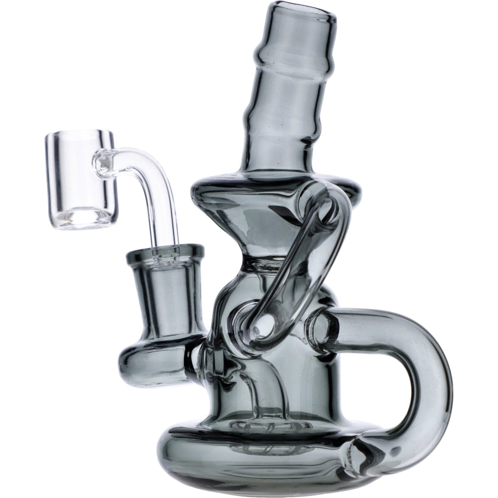 The Mini Recycler features a front view of the glass water pipe with a unique, looped design.