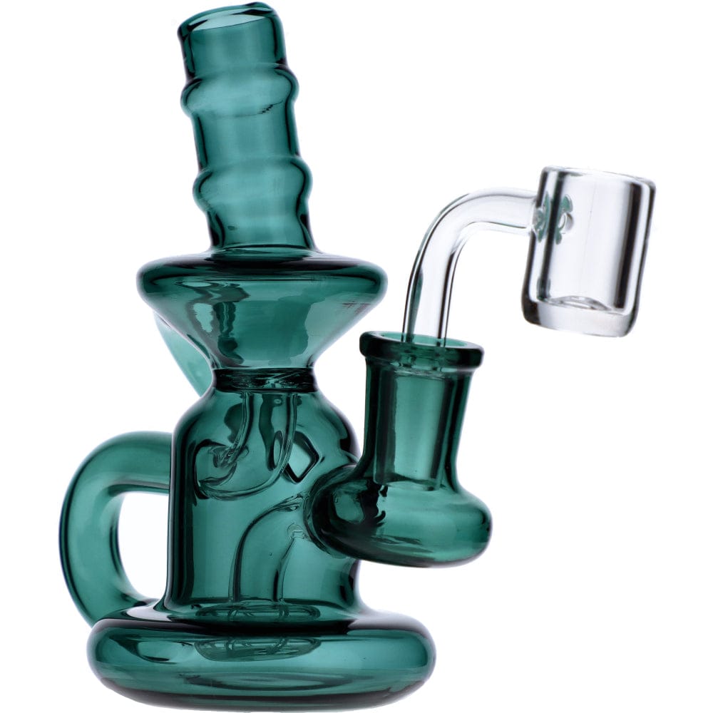 Front view of the Mini Recycler, a small glass piece with a looped neck and clear construction.