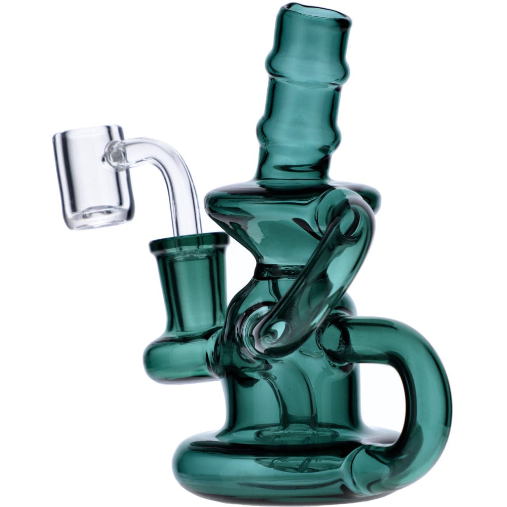 A studio shot of the Mini Recycler, showcasing its green glass and unique, looping recycler design.