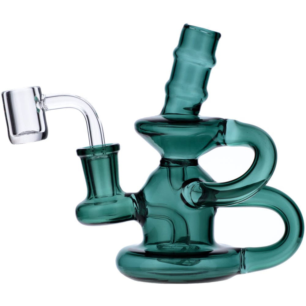Front view of the Mini Recycler, a small, green glass water pipe with a rounded base and curved neck.