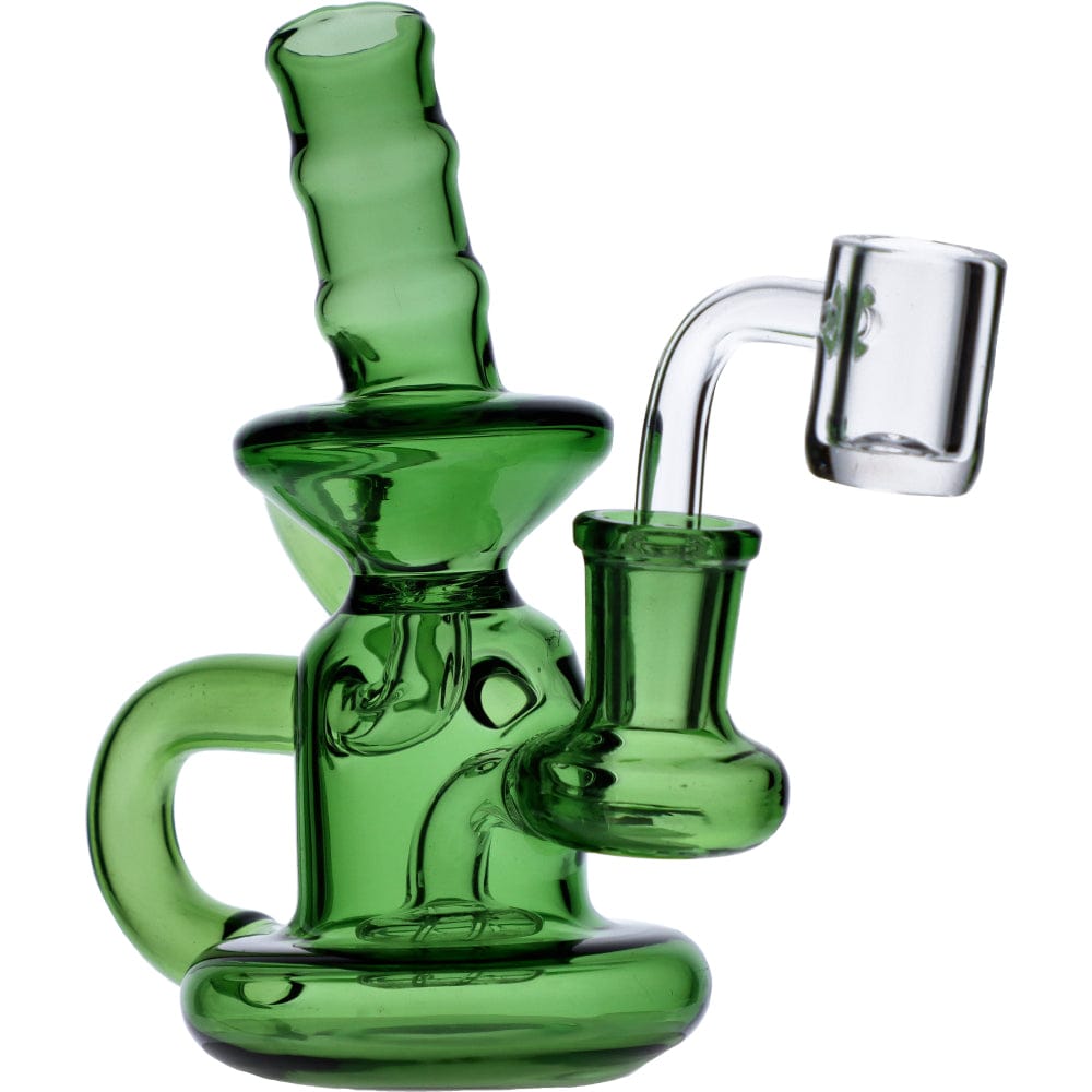 A front view of the Mini Recycler, showcasing the green glass recycler with a connected glass joint.