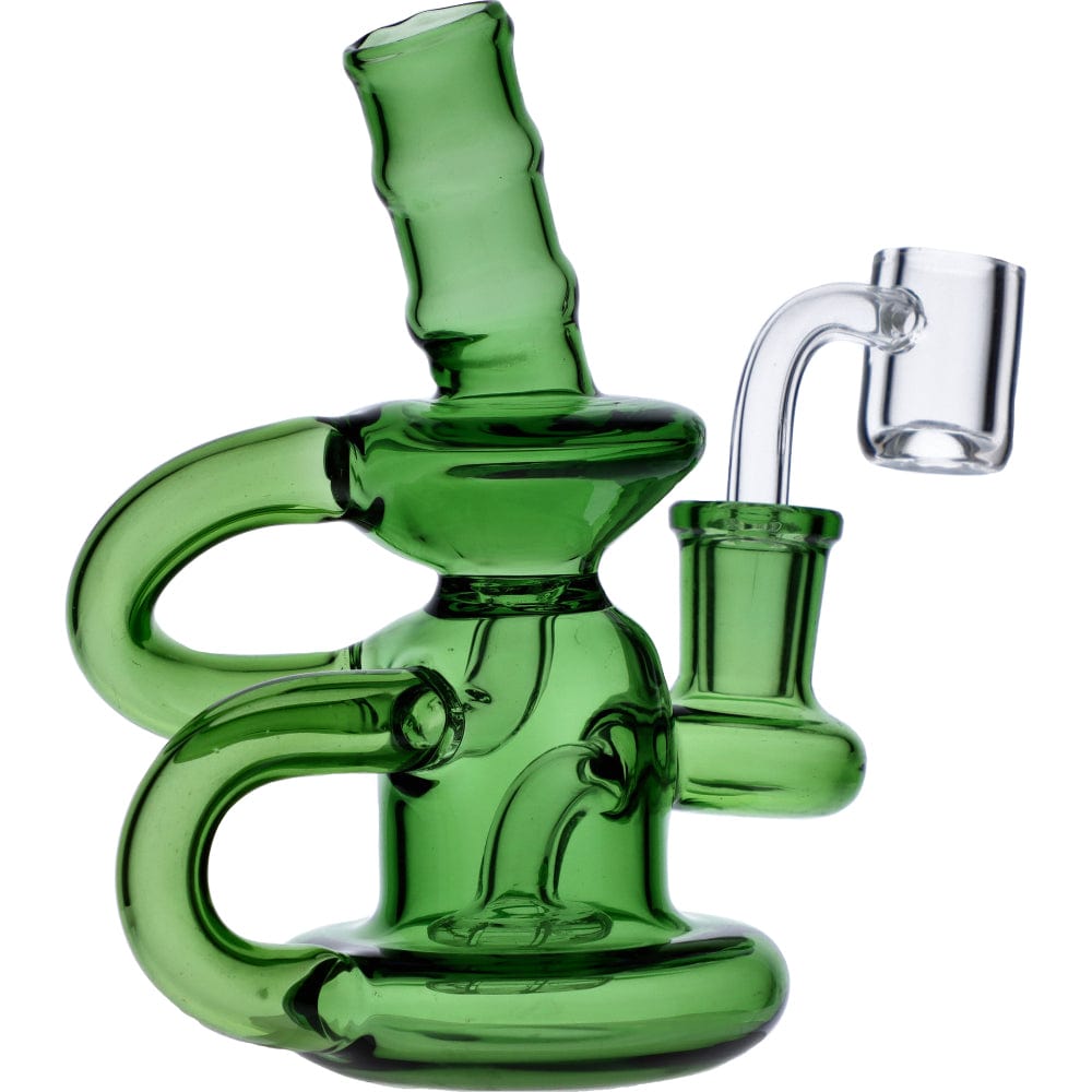 Front view of the Mini Recycler, a green glass piece with a complex arrangement of curves and a visible joint.