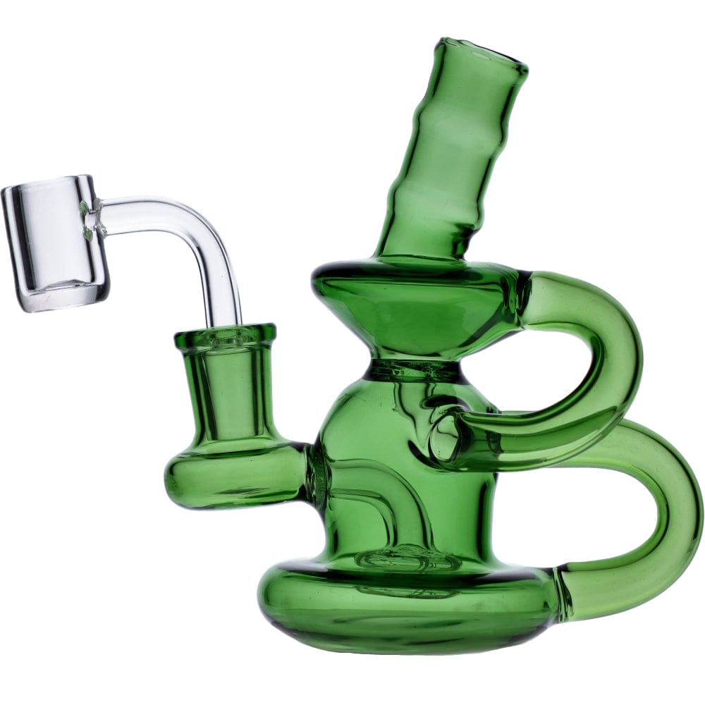 A side view of the Mini Recycler, showcasing its clear glass construction and unique, looped design.