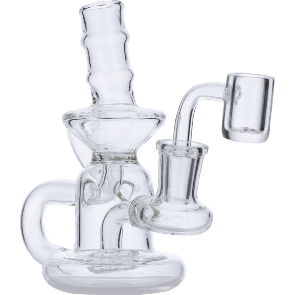 Front view of the Mini Recycler, a clear glass water pipe with a bubbler and rounded base.