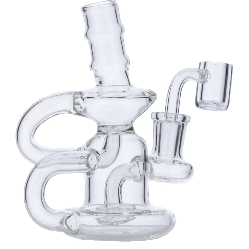 Front view of the Mini Recycler, a clear glass bubbler featuring intricate looped detailing and a small joint.