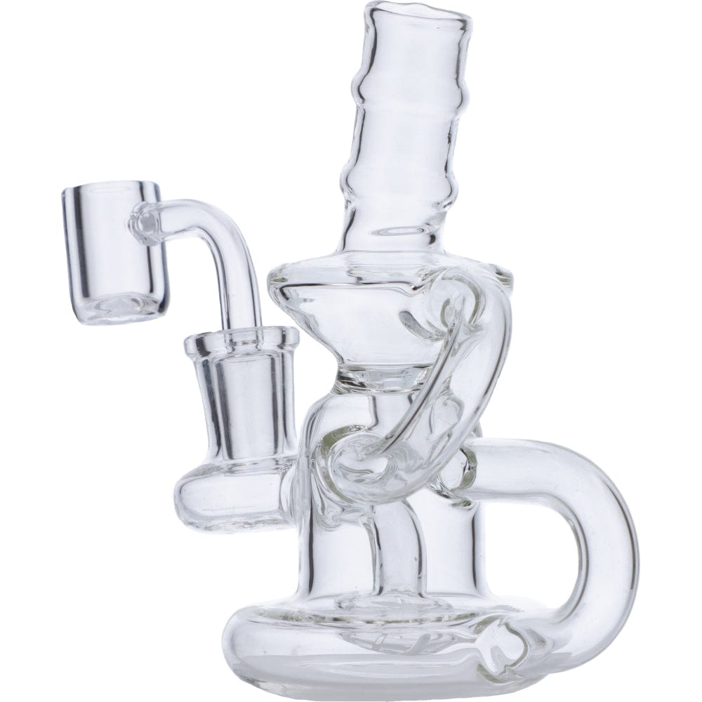 A close-up shot of the Mini Recycler, showing the clear glass recycler bong from a slightly angled front view.